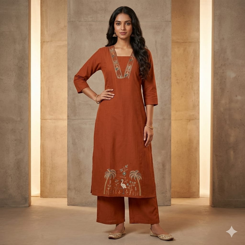 Co- ord Set Cotton Type Long Kurtha and Palazzo Set